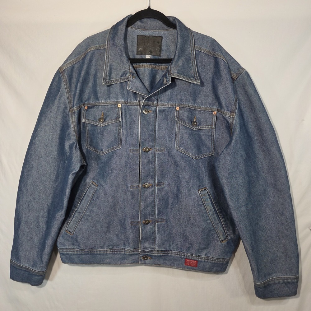 90s Guess USA Mens Trucker Jacket 3XL Metallic Blue Sheen Denim Y2K Boxy Fit